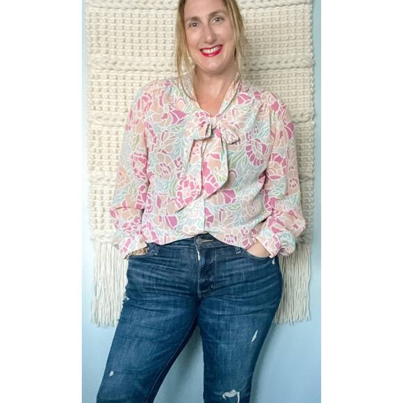 Vintage sheer floral secretary blouse sailor knot/p---y bow 🎀 size XL 16 - Picture 11 of 12